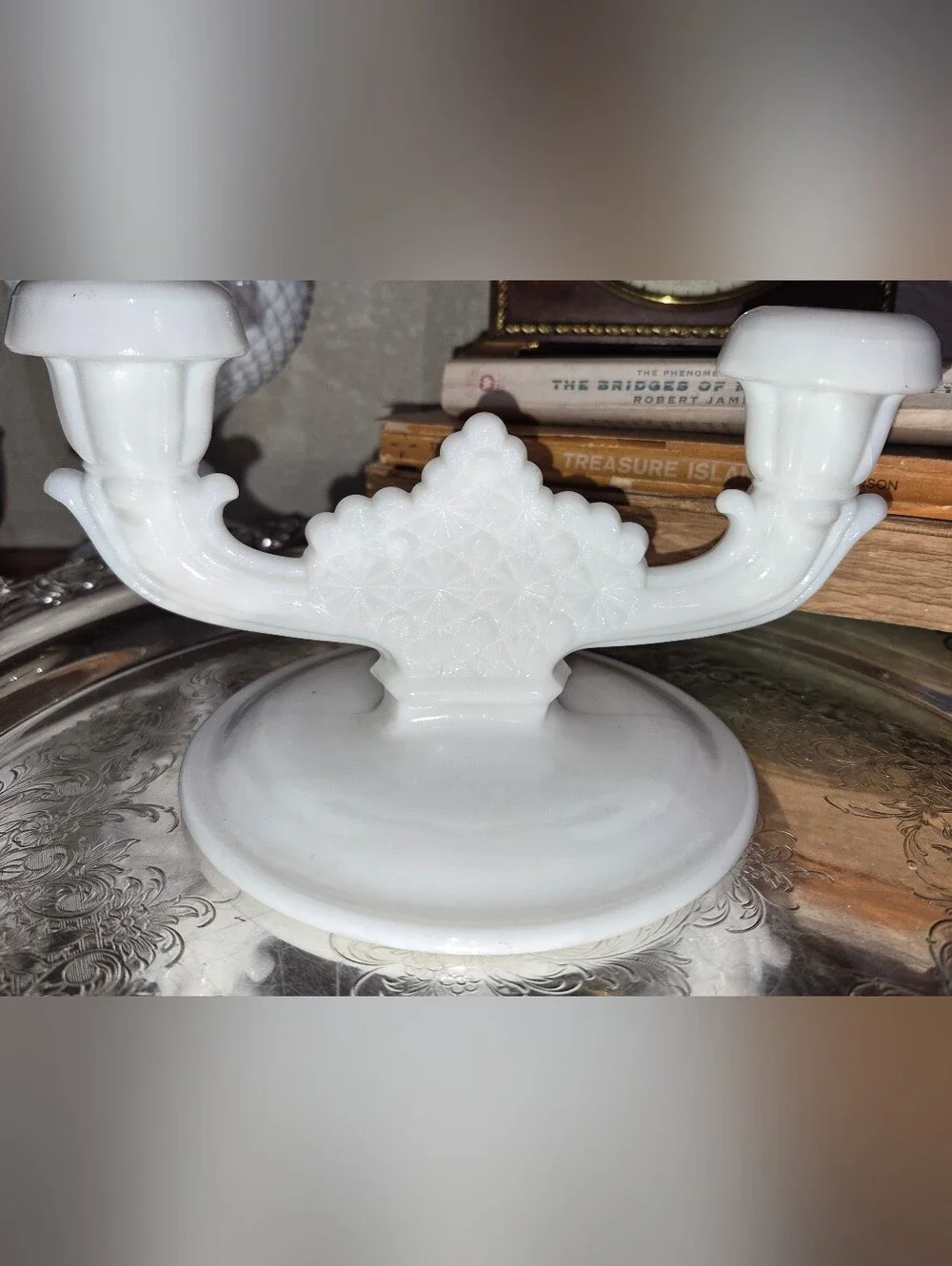 Vintage Fenton milk glass double candle holder in the Daisy and Button pattern